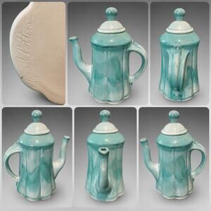 Edgecomb Potters Turquoise Drip Glaze Coffee Pot Teapot Mid Century Art Pottery